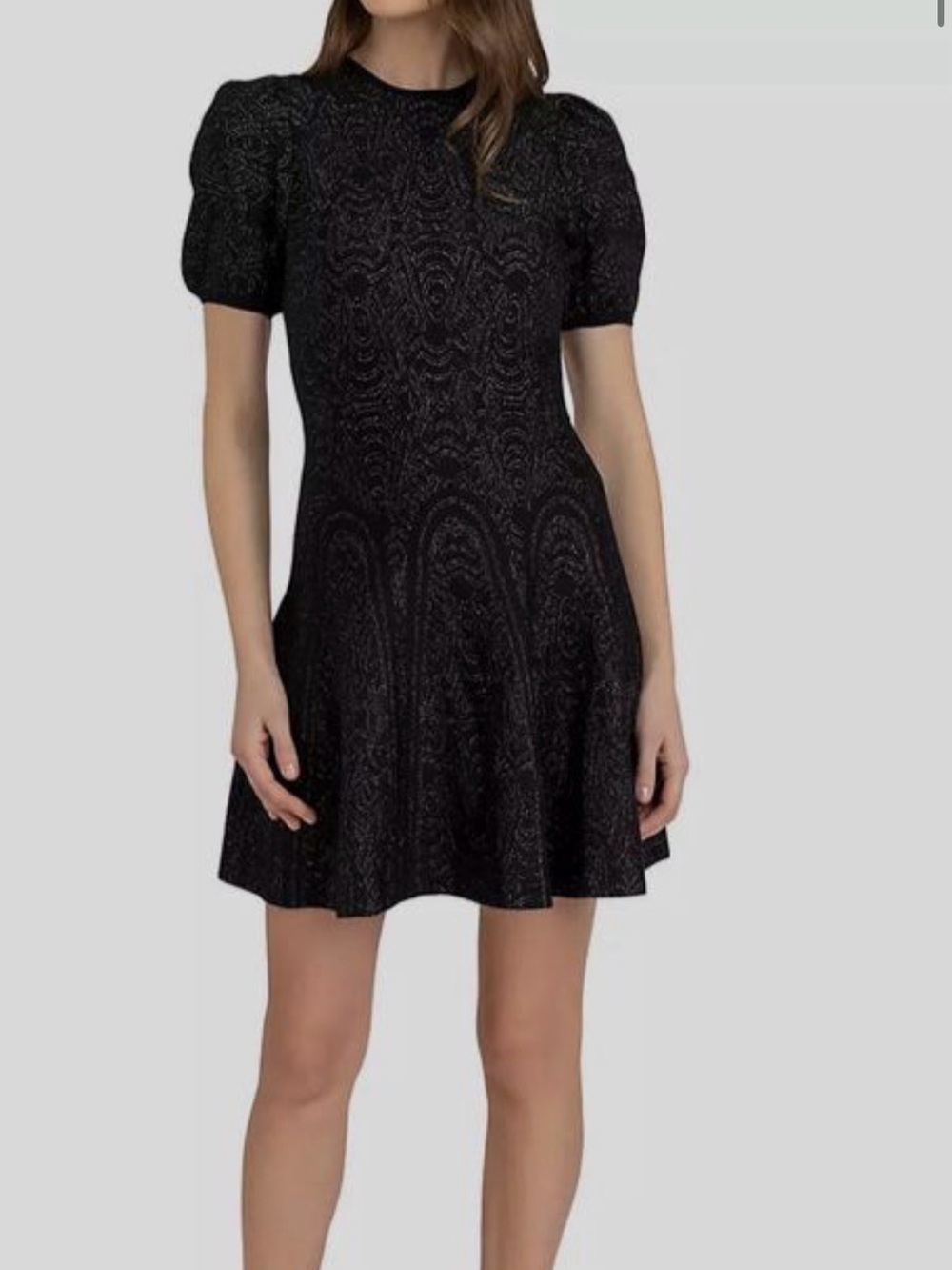 LUXURY Shoshanna Black Textured Puff-Sleeve Fit & Flare Mini Dress